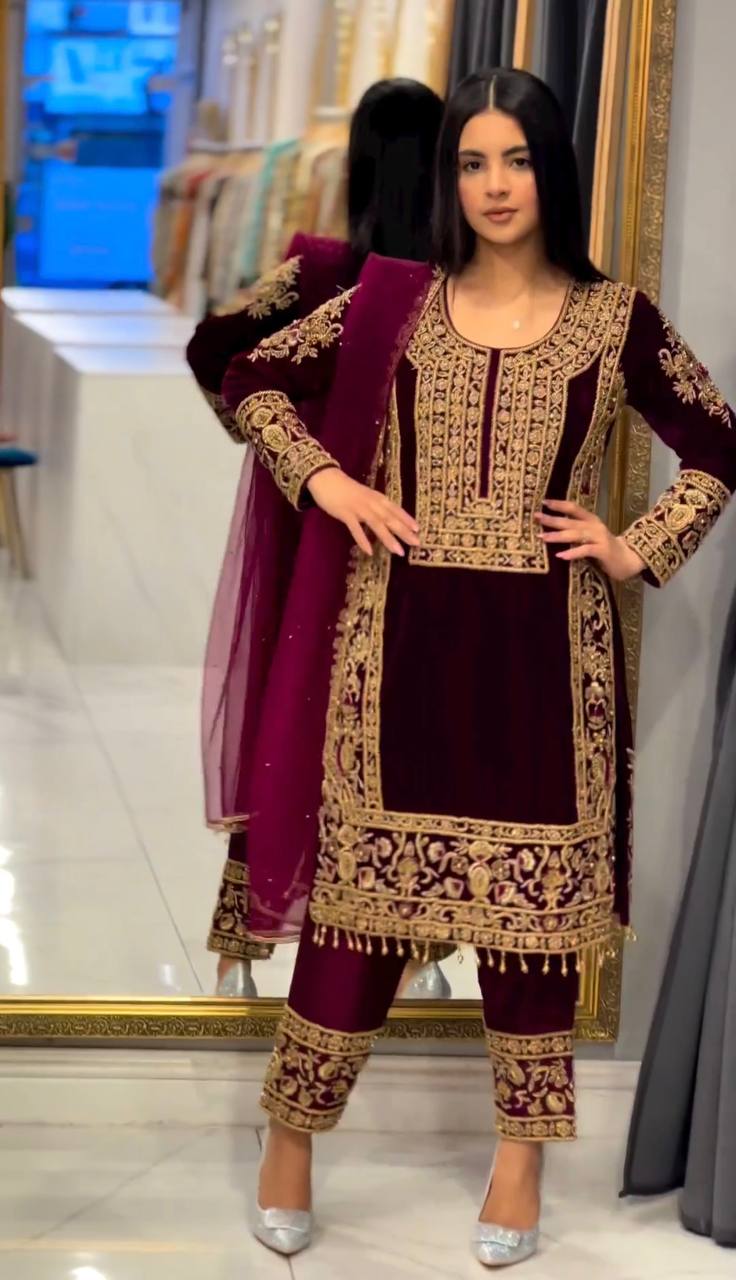 Maroon Color Heavy Work Velvet Salwar Suit