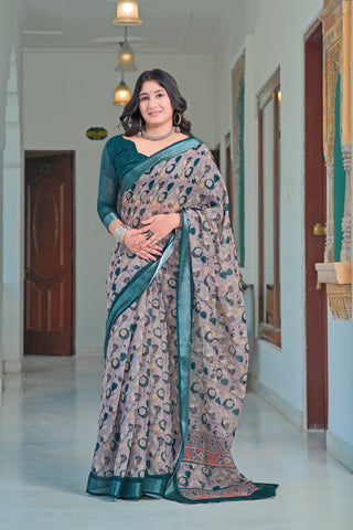 Precious Teal Color Color Pure Cotton Lilen With Digital Printed Designer Saree