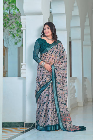 Precious Teal Color Color Pure Cotton Lilen With Digital Printed Designer Saree