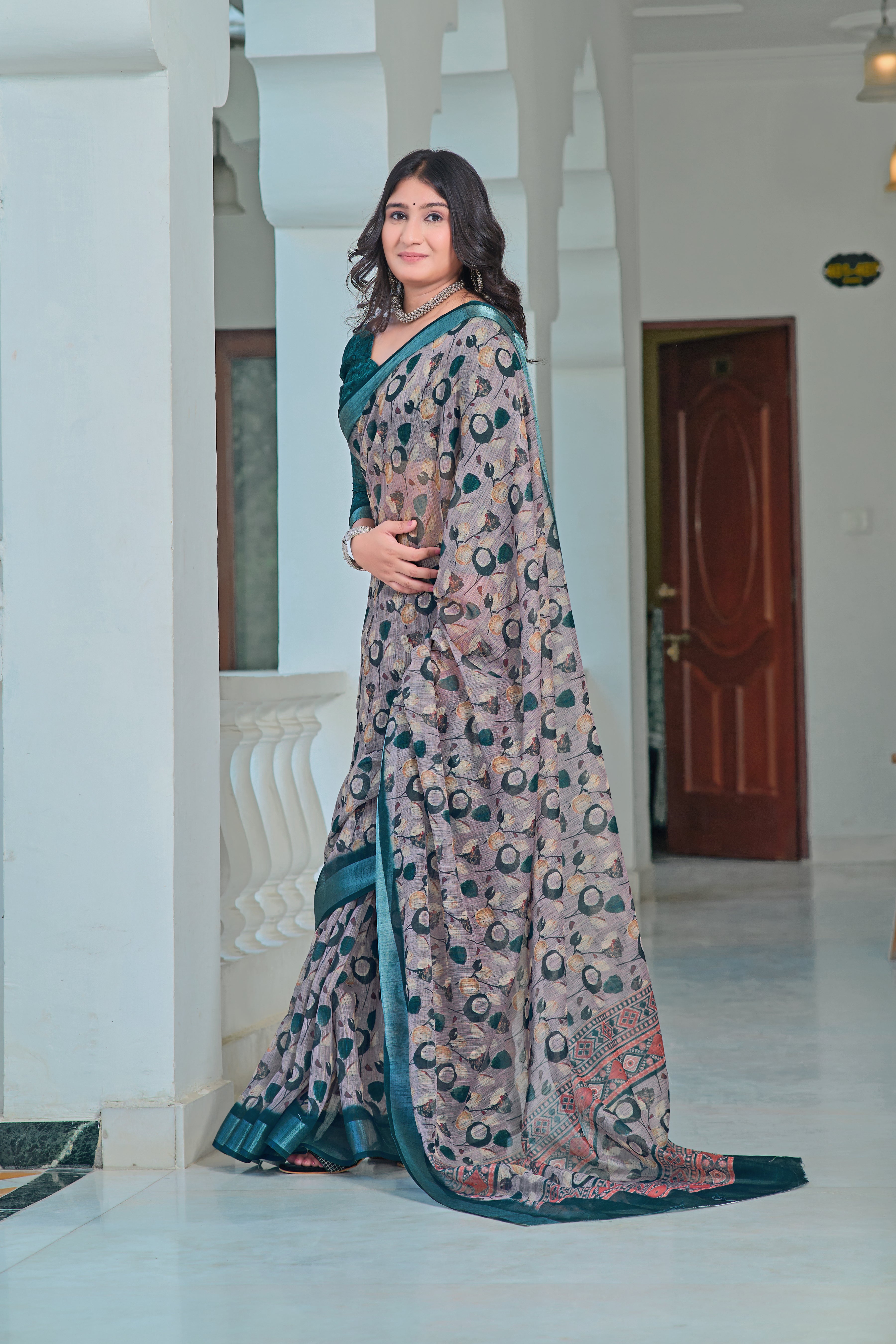 Precious Teal Color Color Pure Cotton Lilen With Digital Printed Designer Saree