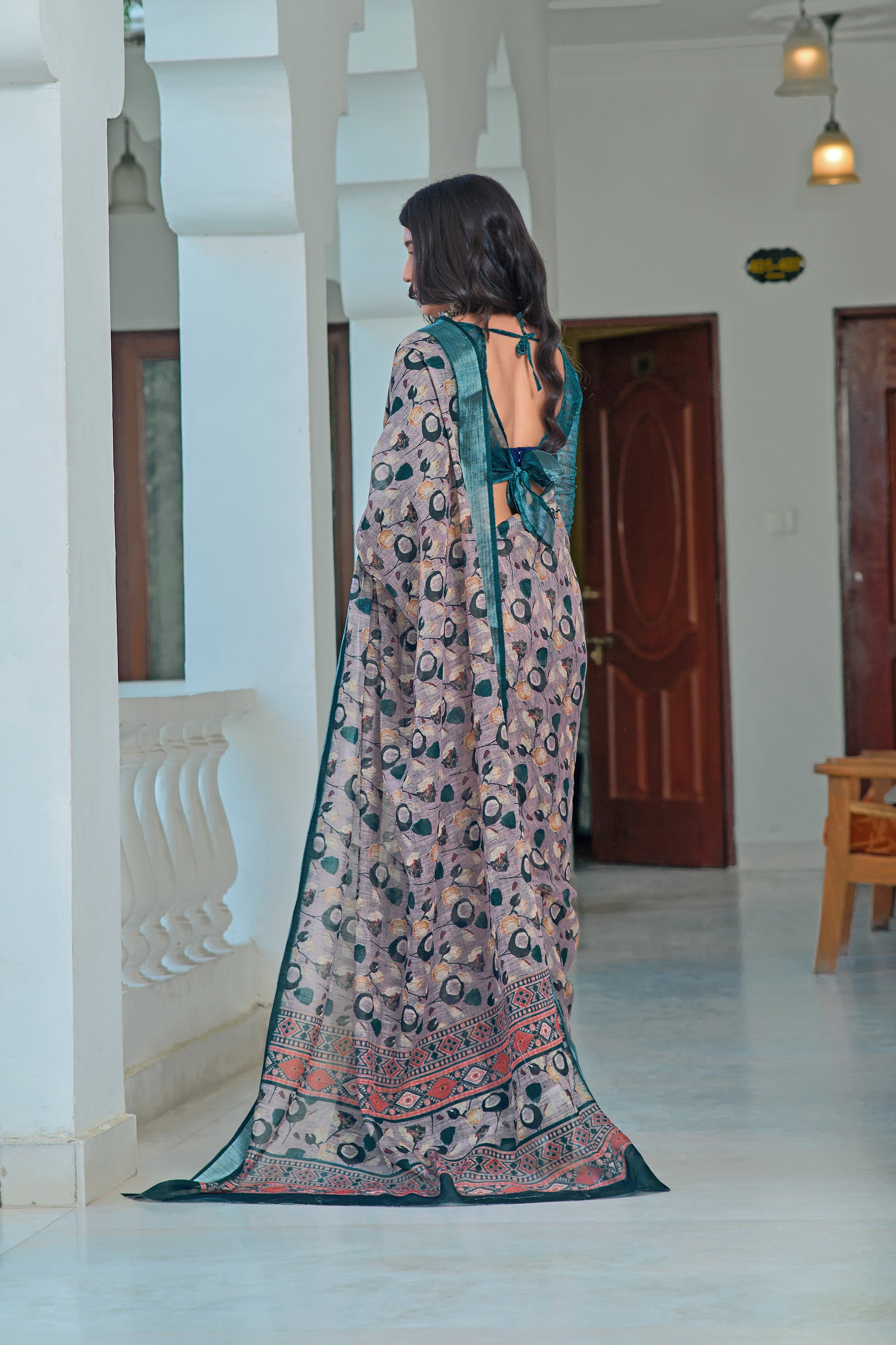 Precious Teal Color Color Pure Cotton Lilen With Digital Printed Designer Saree