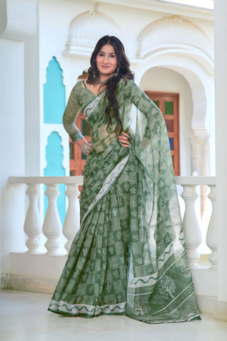 Classy Green Color Color Pure Cotton Lilen With Digital Printed Designer Saree