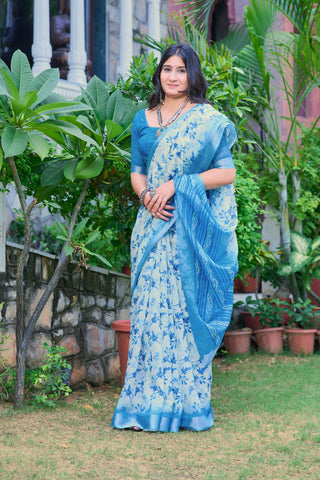 Stunning Sky Blue Color Color Pure Cotton Lilen With Digital Printed Designer Saree