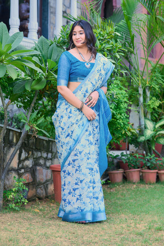 Stunning Sky Blue Color Color Pure Cotton Lilen With Digital Printed Designer Saree