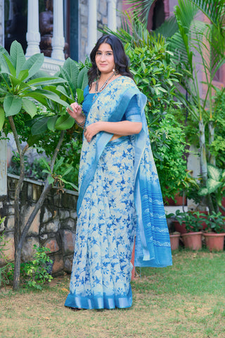 Stunning Sky Blue Color Color Pure Cotton Lilen With Digital Printed Designer Saree