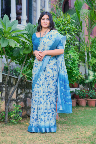 Stunning Sky Blue Color Color Pure Cotton Lilen With Digital Printed Designer Saree