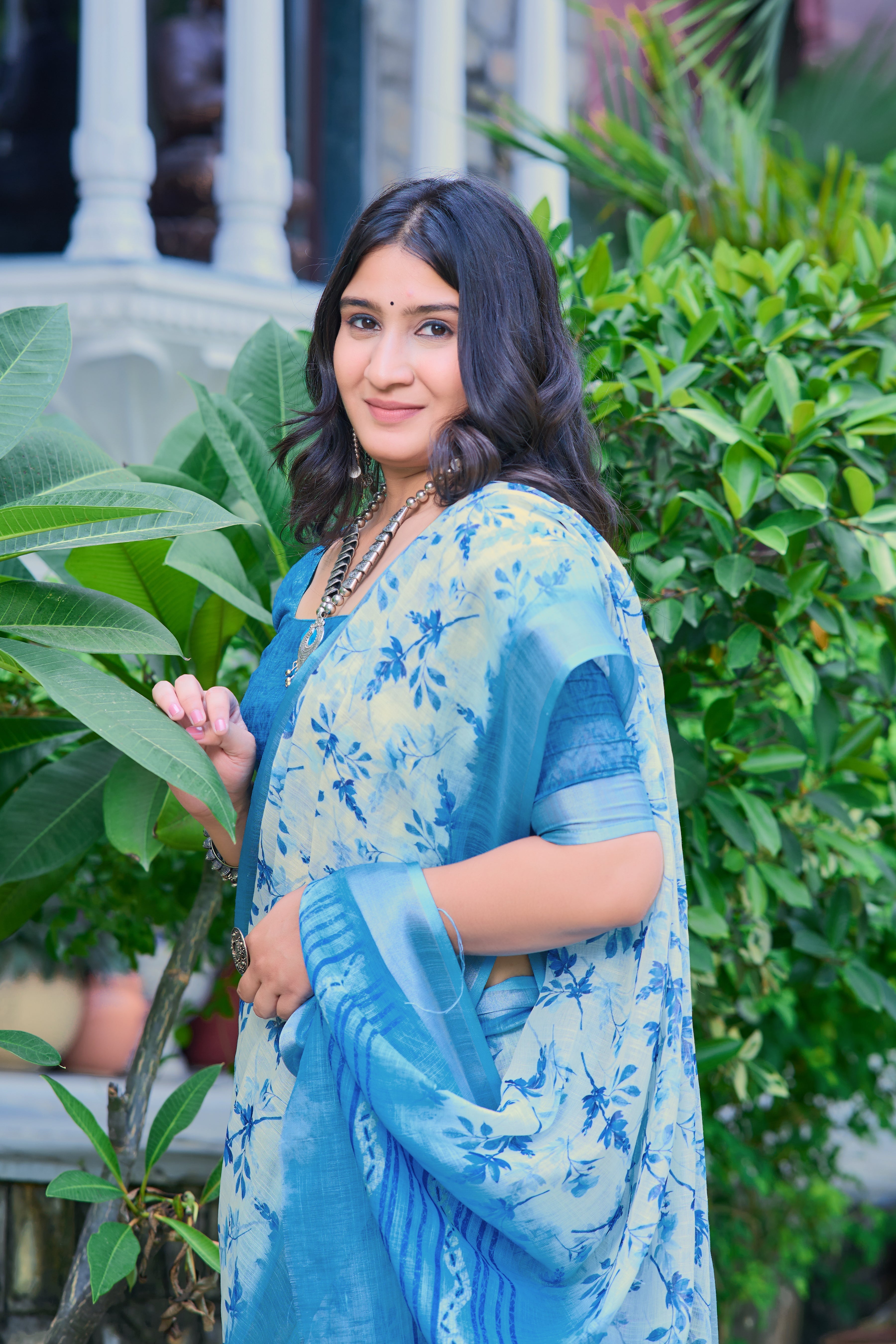 Stunning Sky Blue Color Color Pure Cotton Lilen With Digital Printed Designer Saree