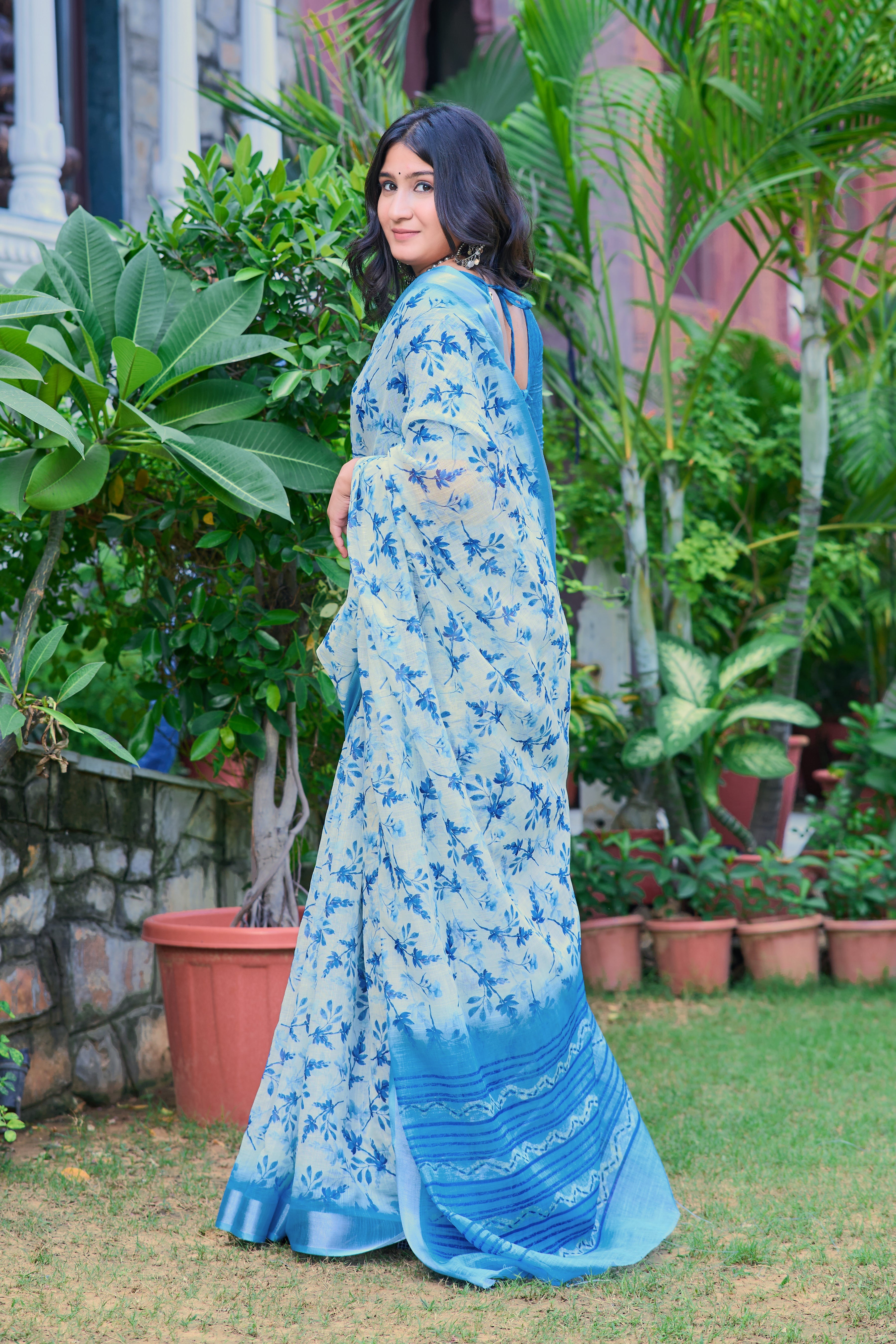 Stunning Sky Blue Color Color Pure Cotton Lilen With Digital Printed Designer Saree