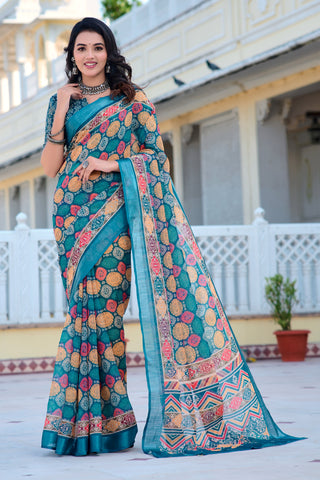 Fabulous Navy Blue Color Color Pure Cotton Lilen With Digital Printed Designer Saree