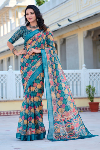 Fabulous Navy Blue Color Color Pure Cotton Lilen With Digital Printed Designer Saree