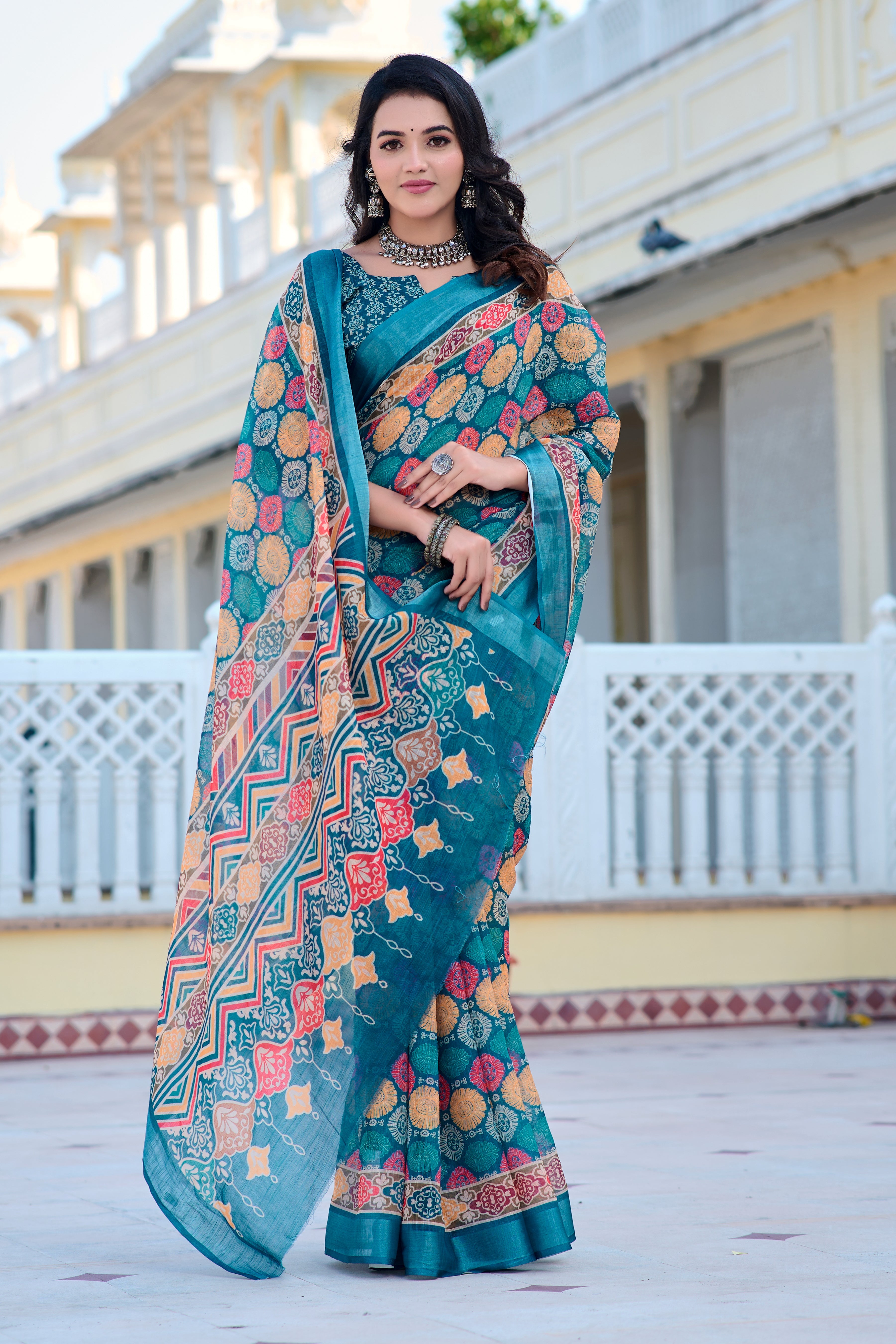 Fabulous Navy Blue Color Color Pure Cotton Lilen With Digital Printed Designer Saree