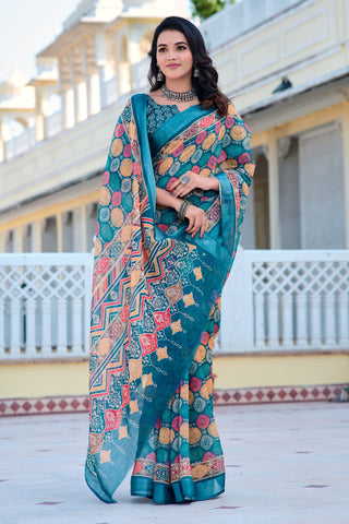 Fabulous Navy Blue Color Color Pure Cotton Lilen With Digital Printed Designer Saree