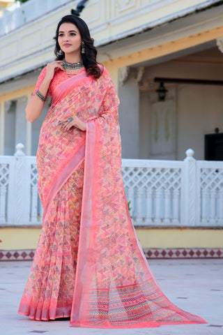 Daisy Peach Color Pure Cotton Lilen With Digital Printed Designer Saree