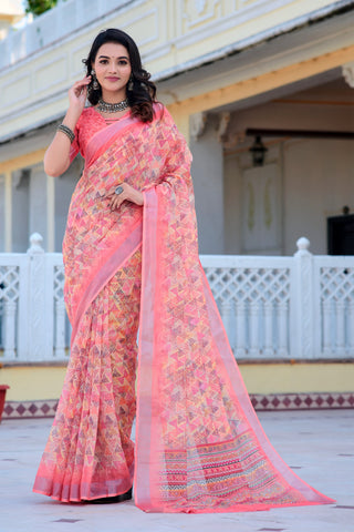 Daisy Peach Color Pure Cotton Lilen With Digital Printed Designer Saree