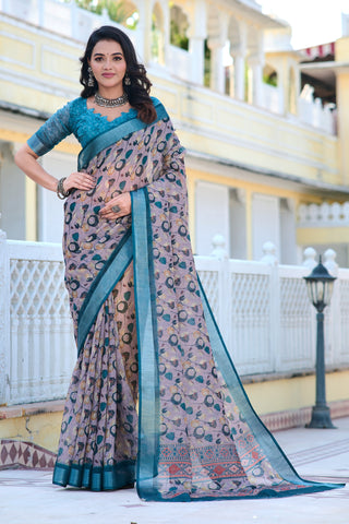 Fancy Teal And Grey Color Pure Cotton Lilen With Digital Printed Designer Saree