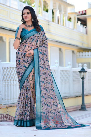 Fancy Teal And Grey Color Pure Cotton Lilen With Digital Printed Designer Saree