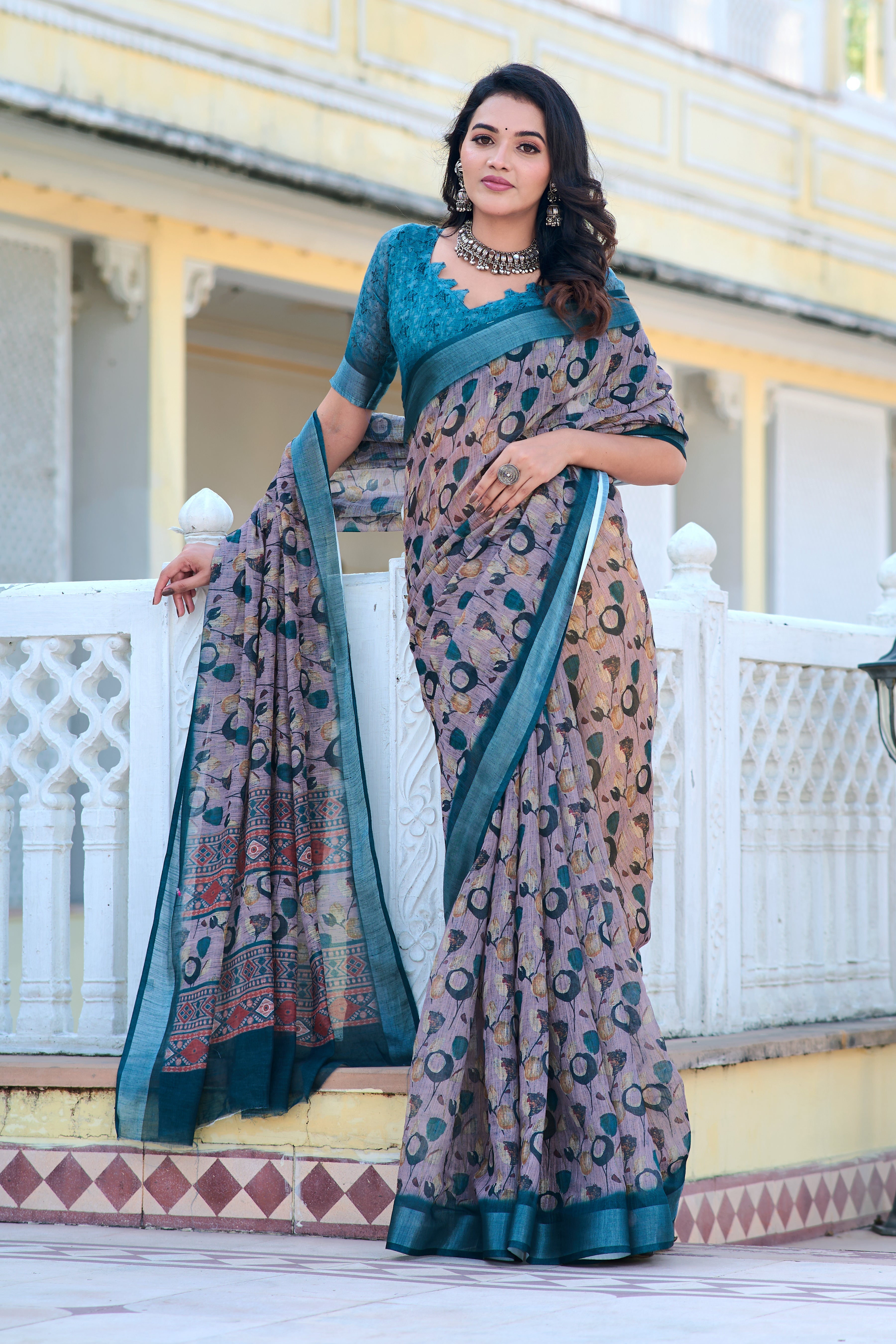 Fancy Teal And Grey Color Pure Cotton Lilen With Digital Printed Designer Saree