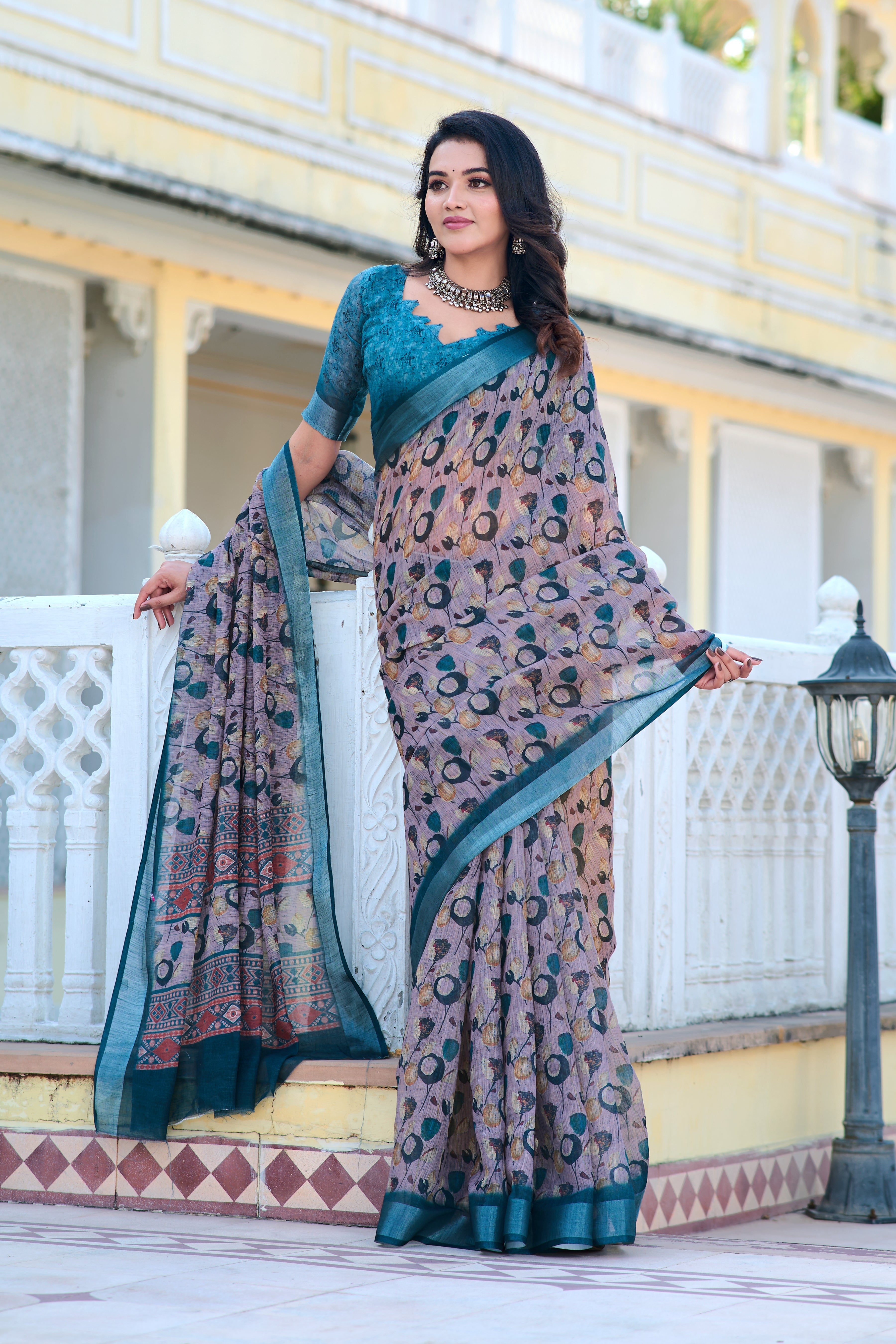 Fancy Teal And Grey Color Pure Cotton Lilen With Digital Printed Designer Saree