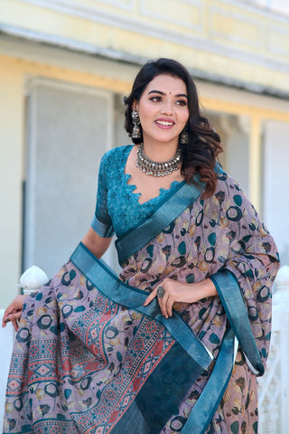 Fancy Teal And Grey Color Pure Cotton Lilen With Digital Printed Designer Saree