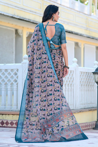 Fancy Teal And Grey Color Pure Cotton Lilen With Digital Printed Designer Saree