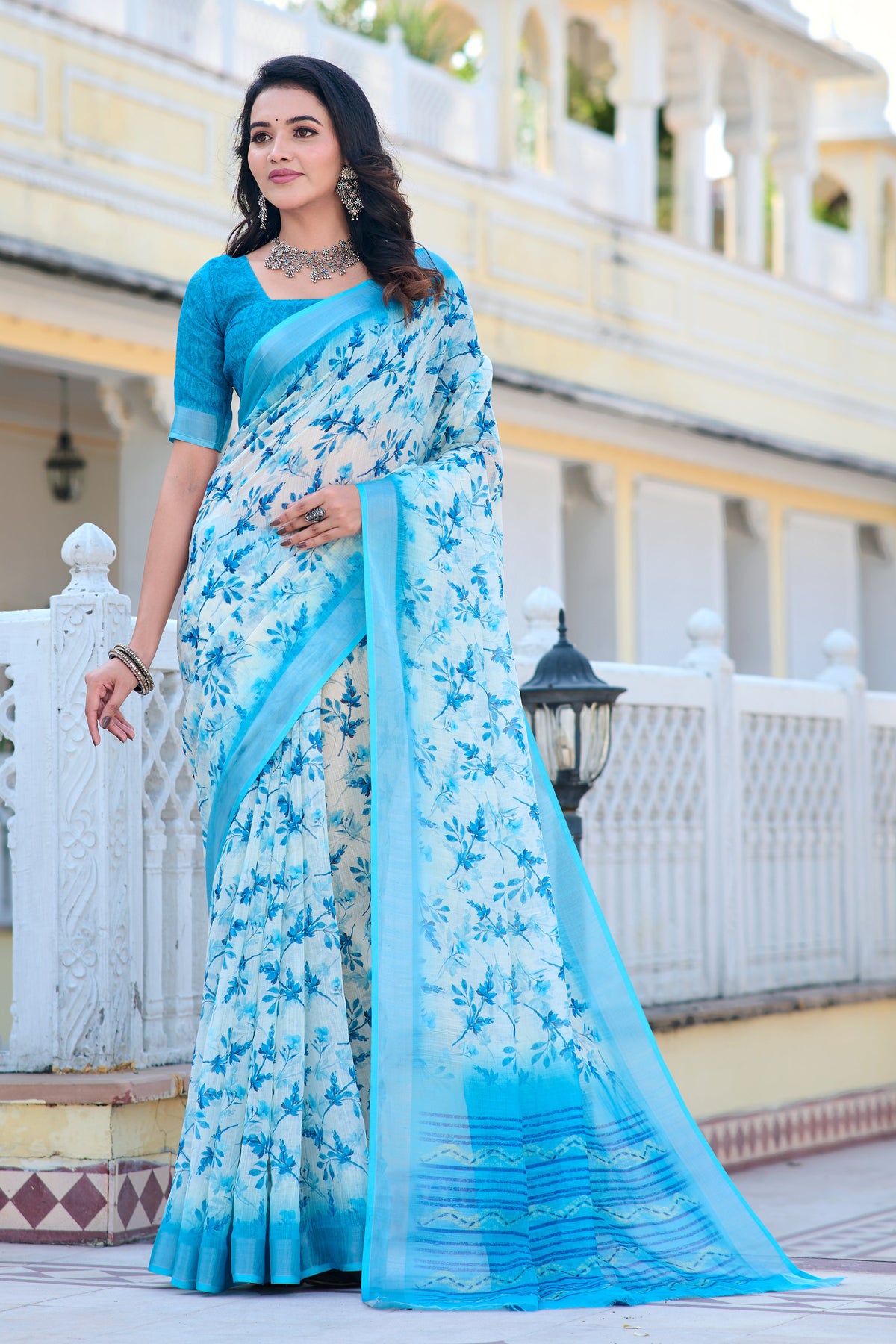 Beautiful Sky Blue Color Pure Cotton Lilen With Digital Printed Designer Saree