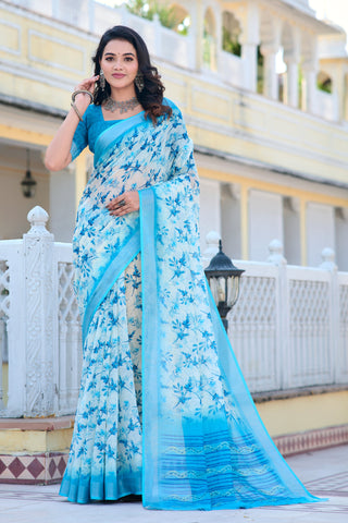 Beautiful Sky Blue Color Pure Cotton Lilen With Digital Printed Designer Saree