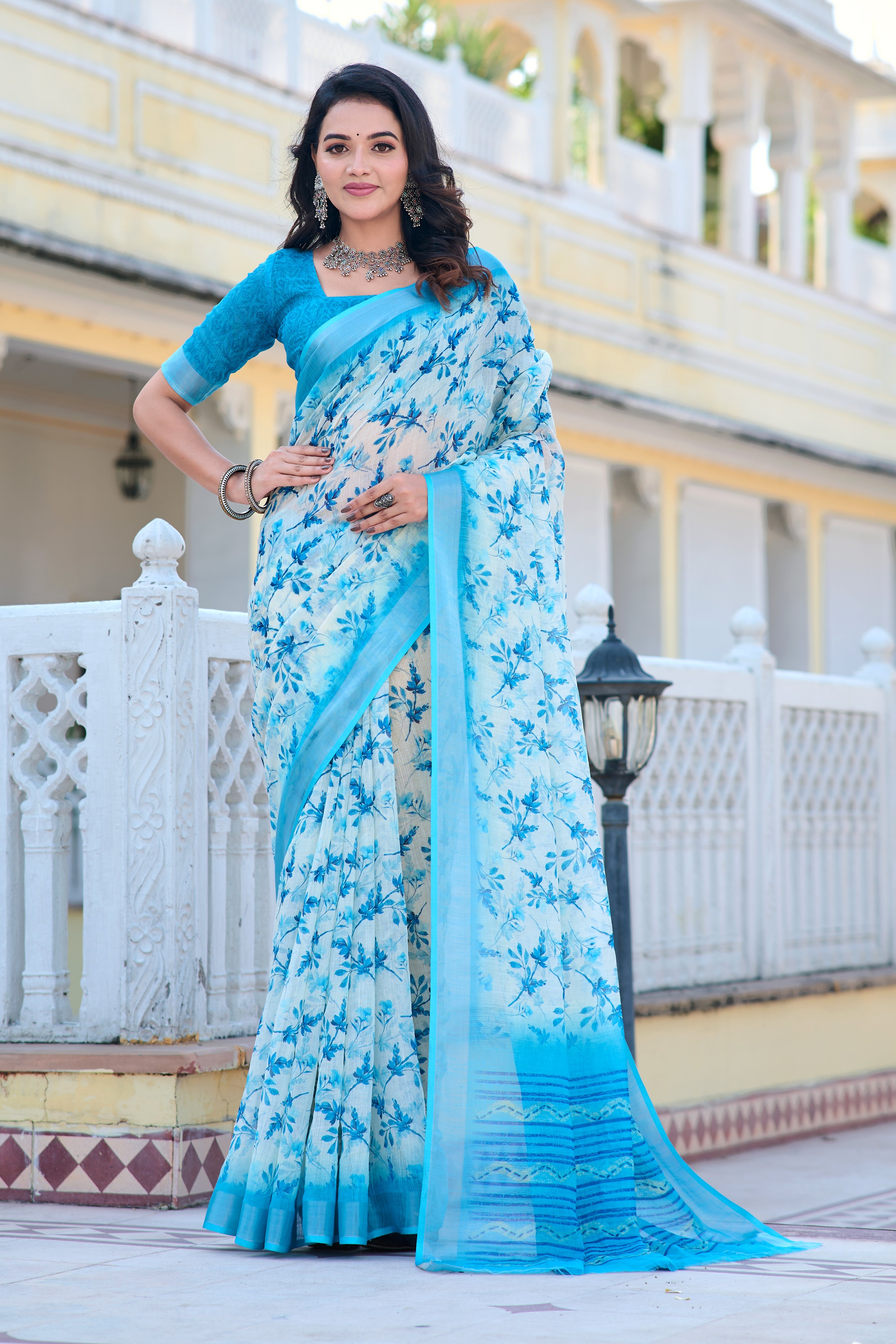 Beautiful Sky Blue Color Pure Cotton Lilen With Digital Printed Designer Saree