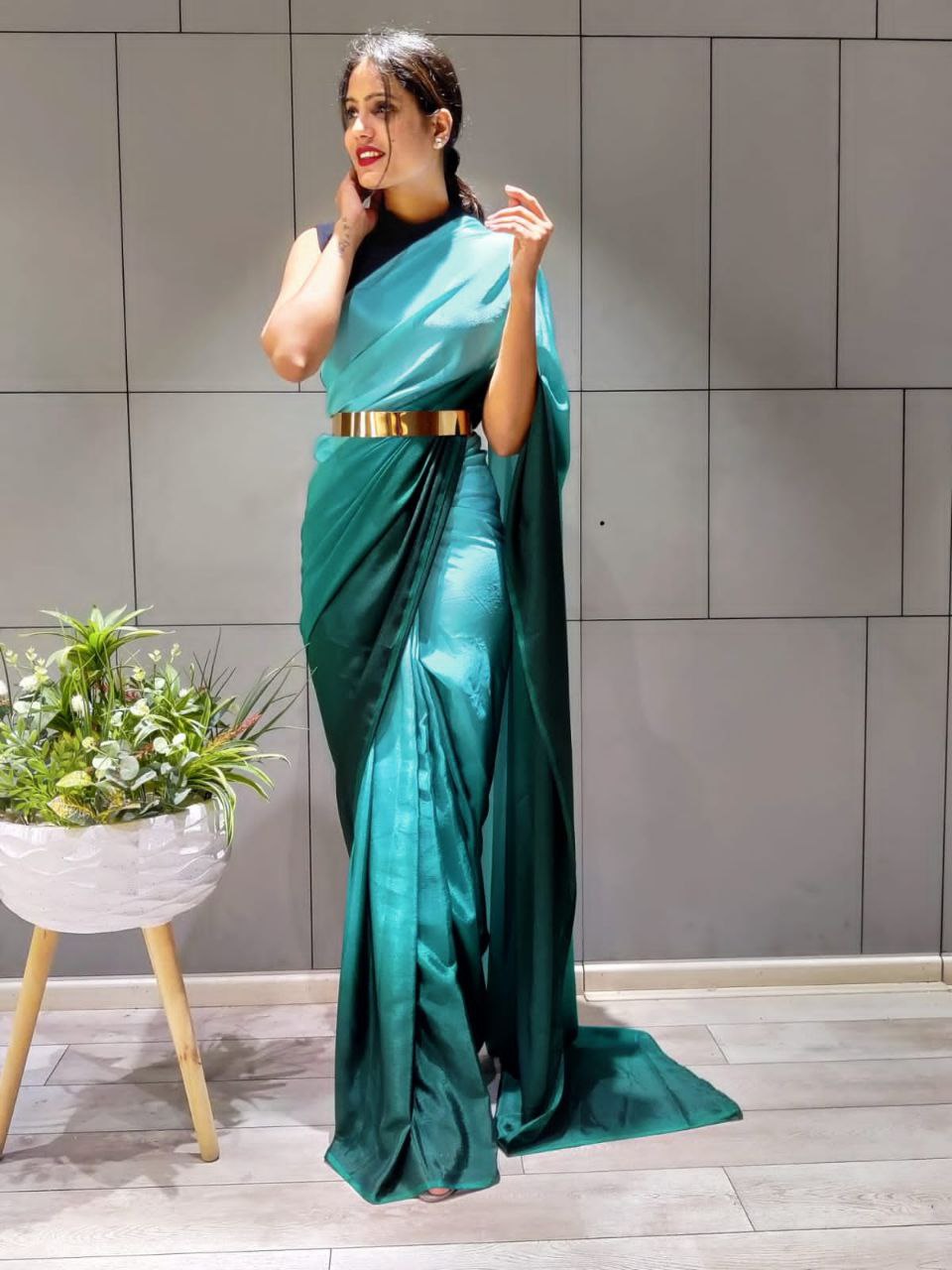 Elegant Ready To Wear Double Tone Teal Blue Satin Saree