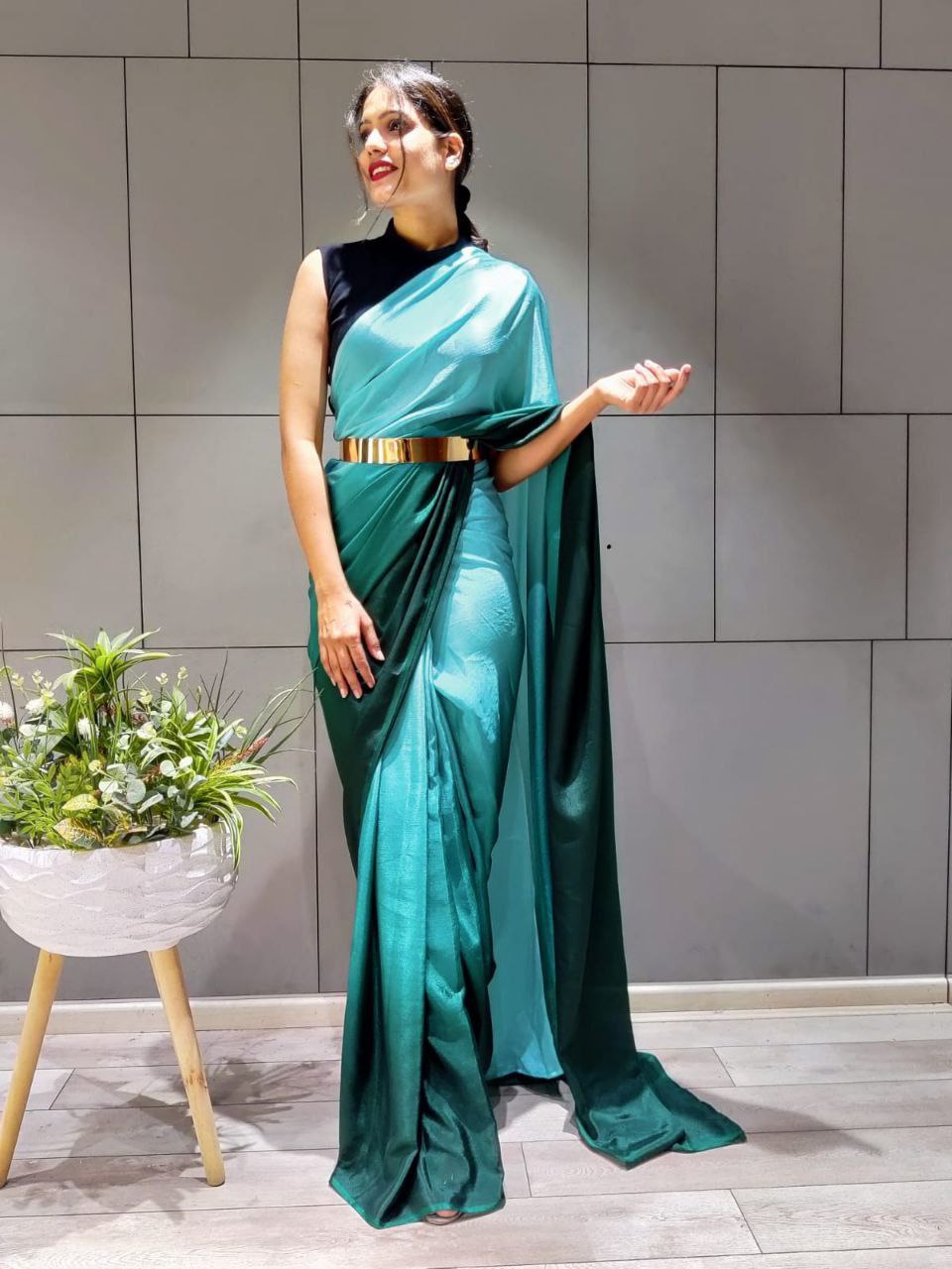 Elegant Ready To Wear Double Tone Teal Blue Satin Saree