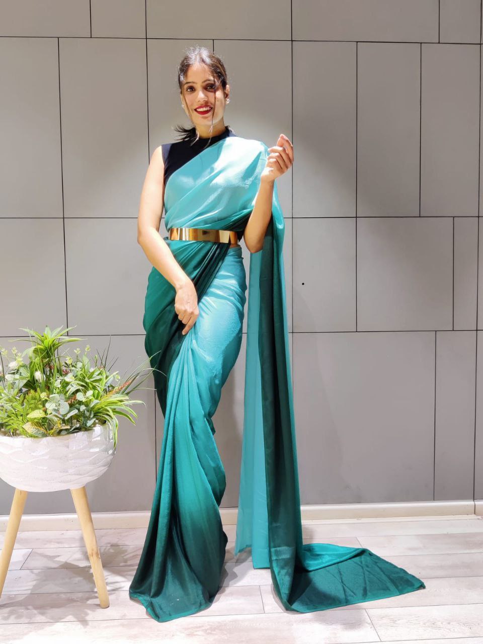 Elegant Ready To Wear Double Tone Teal Blue Satin Saree