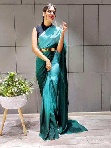 Elegant Ready To Wear Double Tone Teal Blue Satin Saree