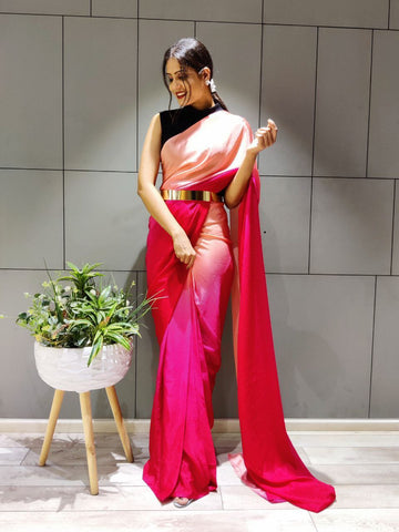 Elegant Ready To Wear Double Tone Pink Satin Saree