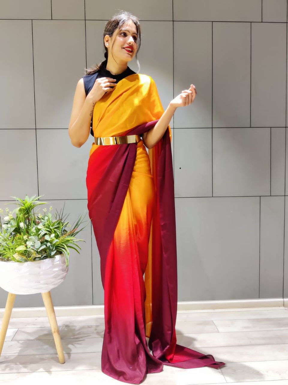 Elegant Ready To Wear Double Tone Yellow Satin Saree