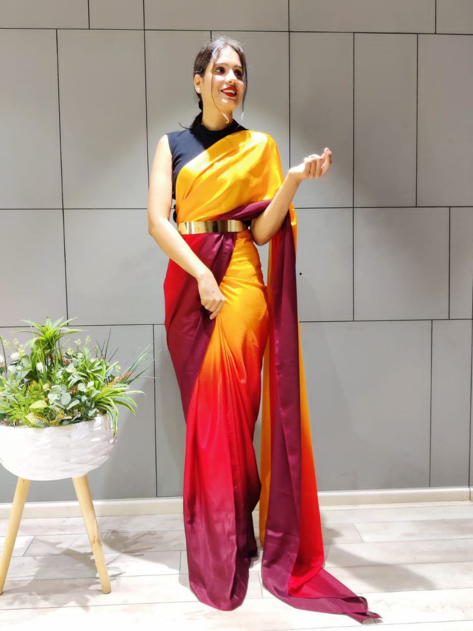 Elegant Ready To Wear Double Tone Yellow Satin Saree