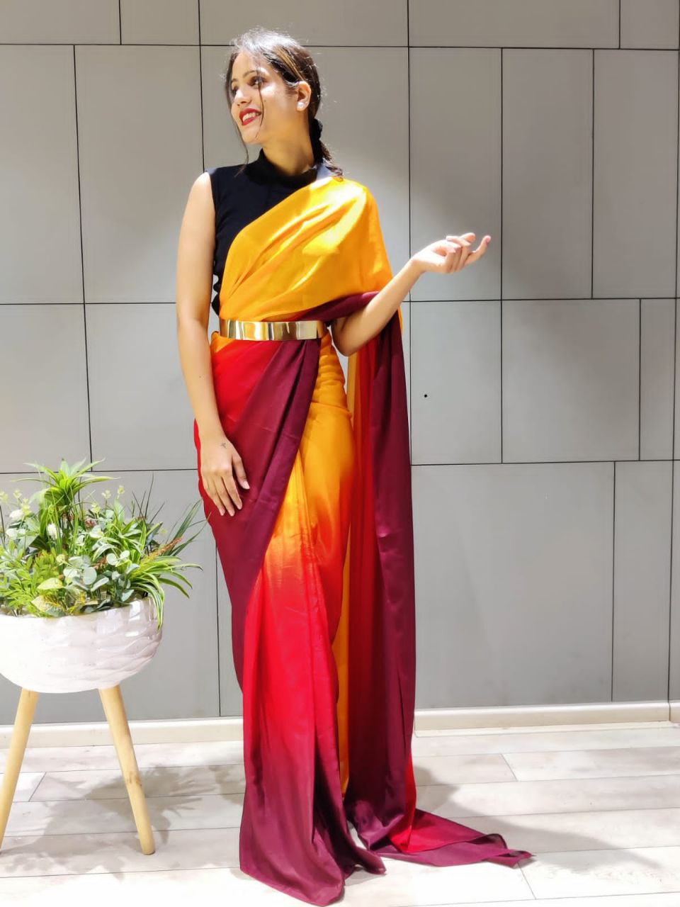 Elegant Ready To Wear Double Tone Yellow Satin Saree