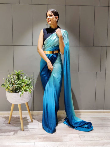 Elegant Ready To Wear Double Tone Sky Blue Satin Saree