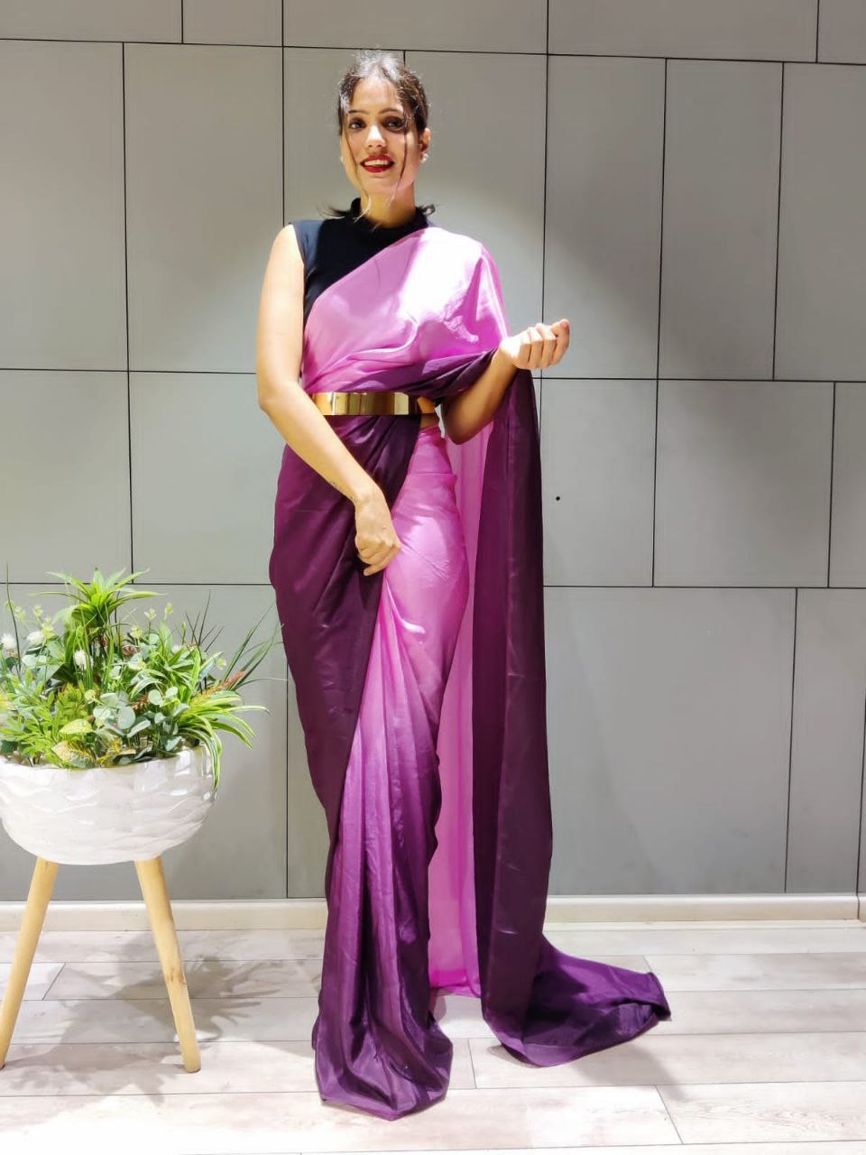 Elegant Ready To Wear Double Tone Wine Satin Saree