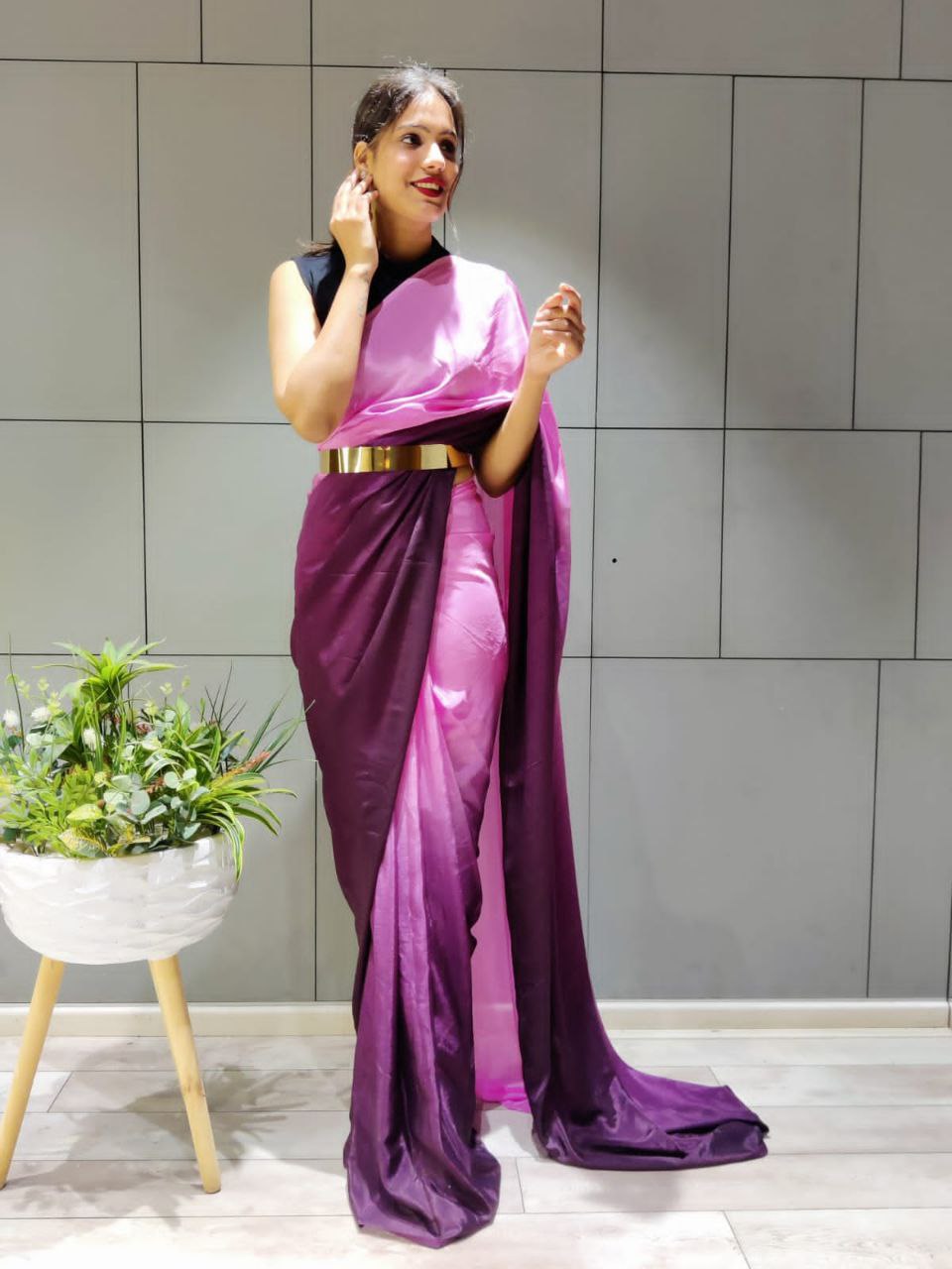 Elegant Ready To Wear Double Tone Wine Satin Saree