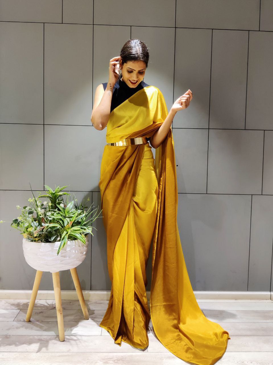 Elegant Ready To Wear Double Tone Mustard Satin Saree