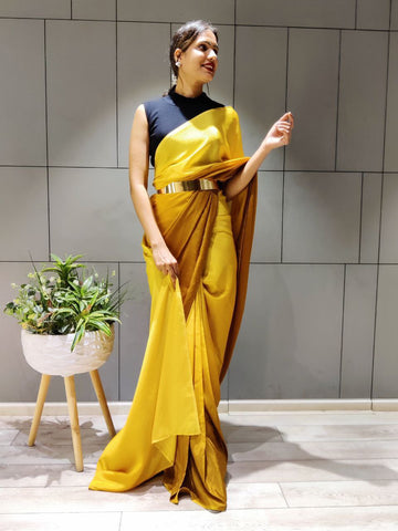 Elegant Ready To Wear Double Tone Mustard Satin Saree