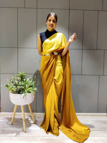 Elegant Ready To Wear Double Tone Mustard Satin Saree