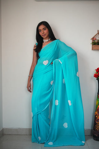 Heart Design Ready To Wear Sky Blue Color Saree