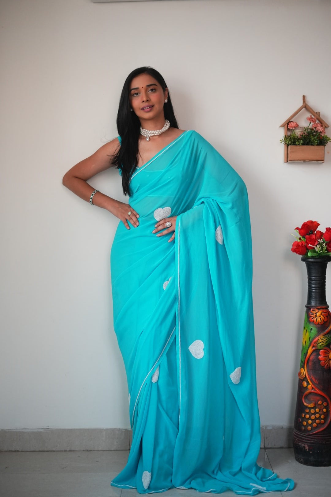 Heart Design Ready To Wear Sky Blue Color Saree