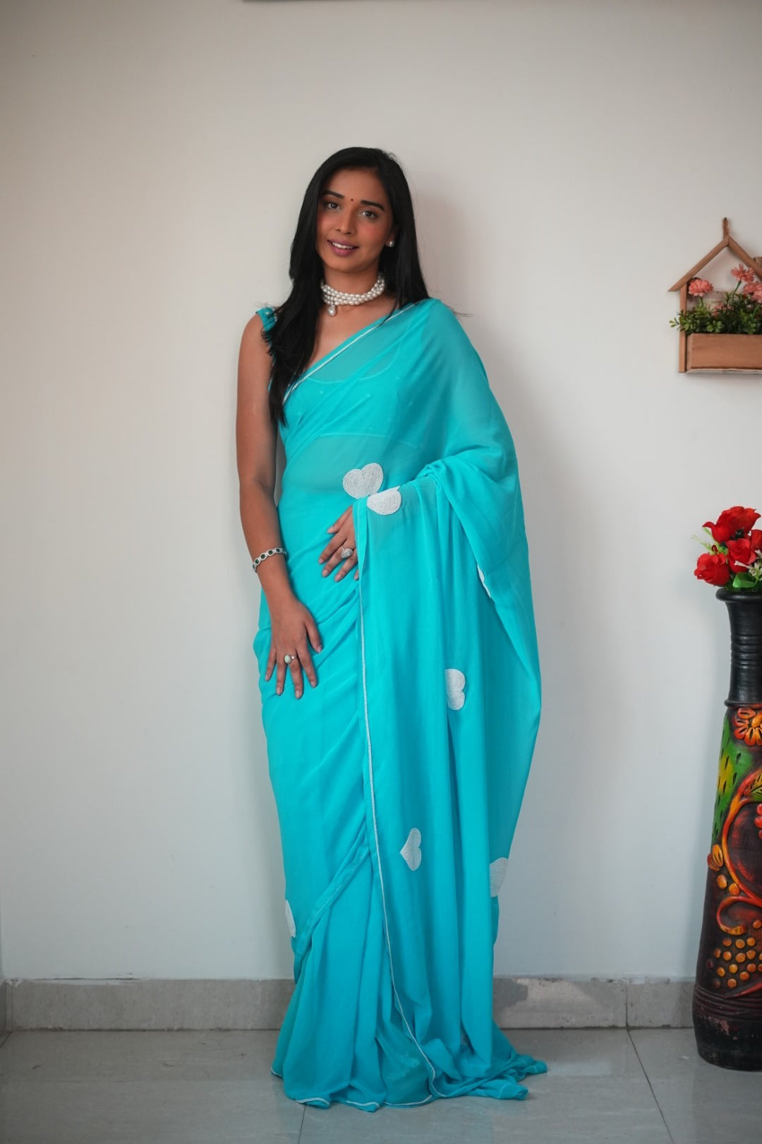 Heart Design Ready To Wear Sky Blue Color Saree