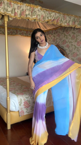 Sky Blue And Purple Ready To Wear Double Tone Saree