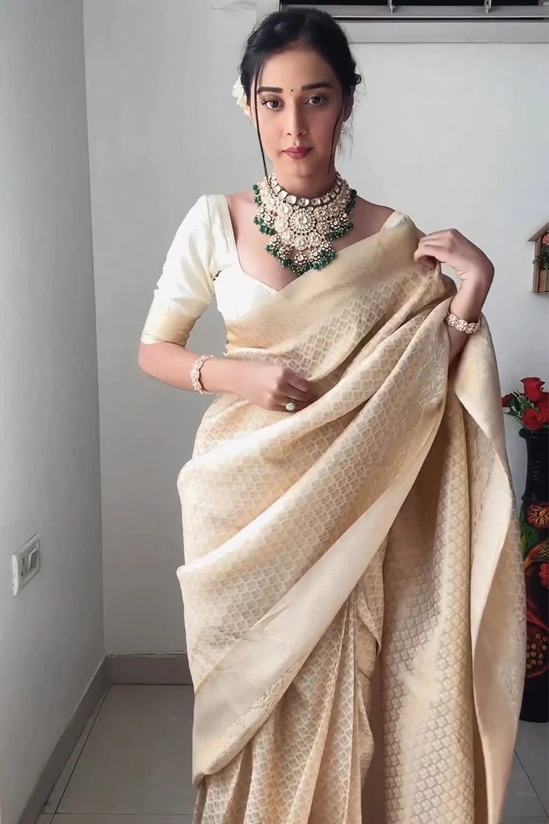 Off White Color Ready To Wear Jacquard Saree