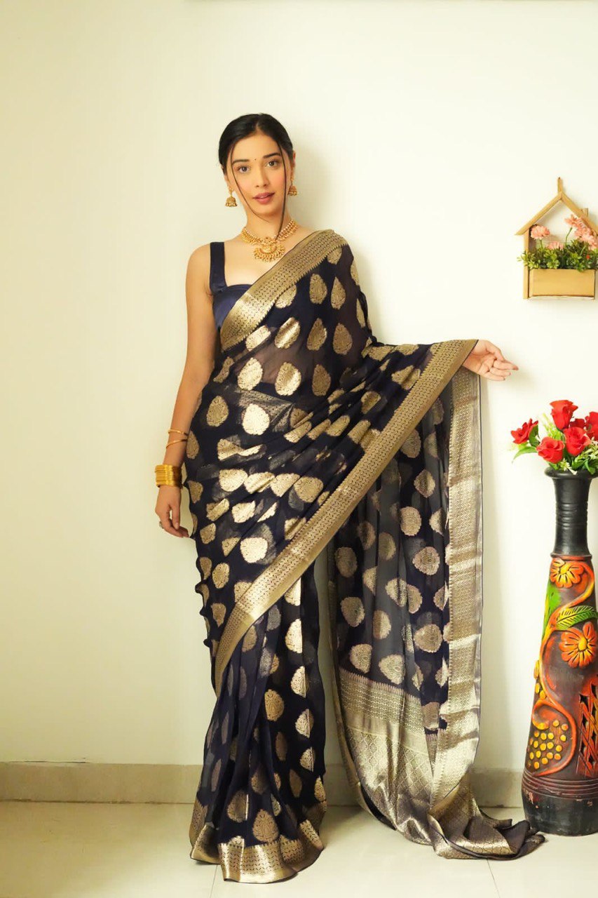 Black Color Golden Design Ready To Wear Saree