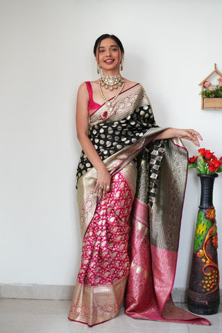 Banarasi Silk Ready To Wear Pink And Black Saree