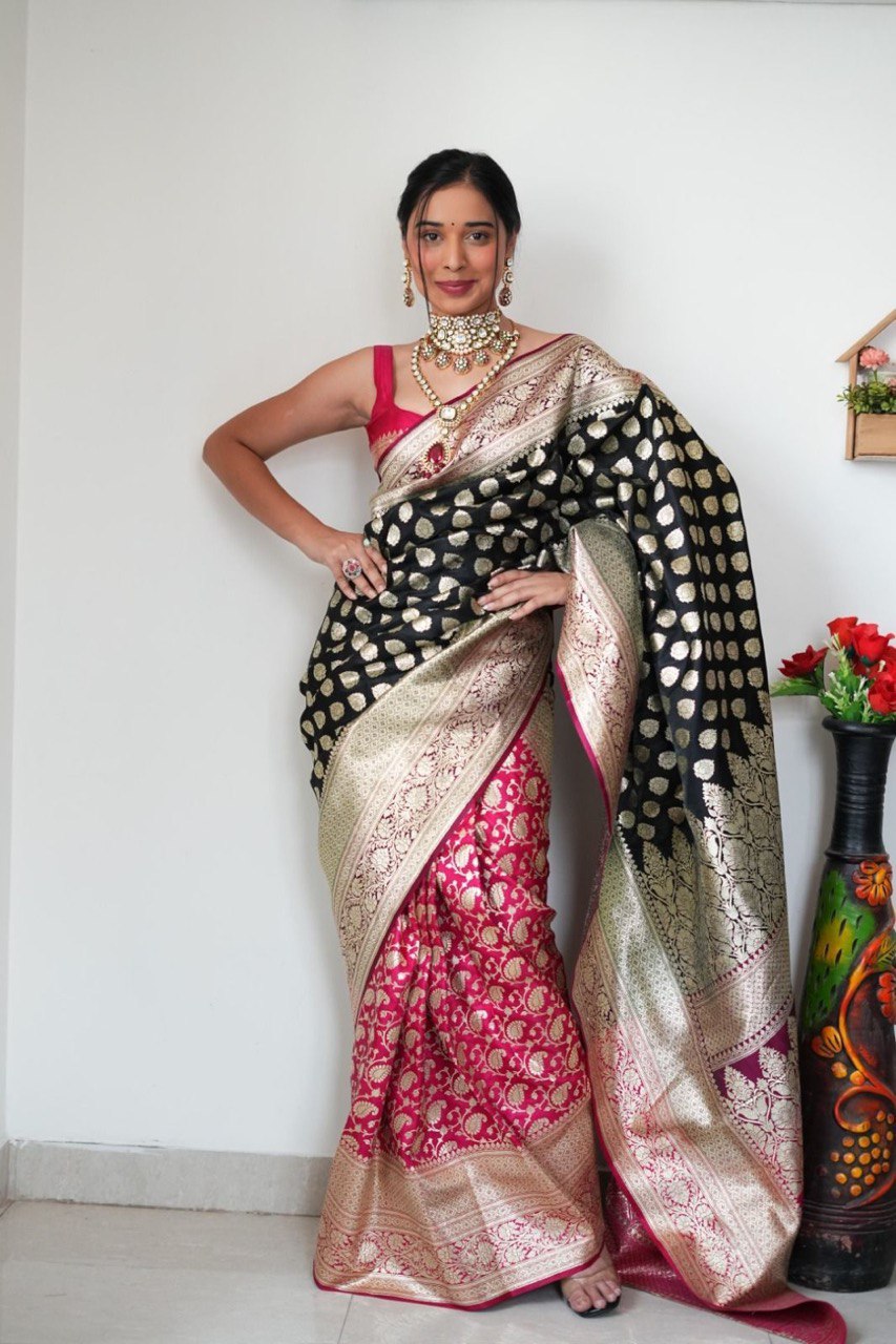 Banarasi Silk Ready To Wear Pink And Black Saree