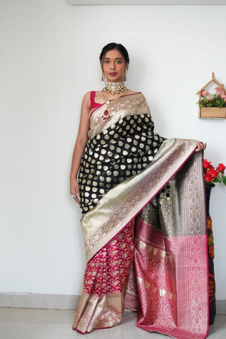 Banarasi Silk Ready To Wear Pink And Black Saree